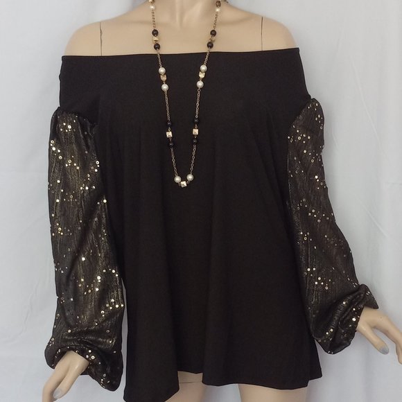 CHIC & NEW! A LOVE STORY Black Gold Polka Dot Puff Sleeve Off-Shoulder Top Sz 2X - Picture 2 of 8